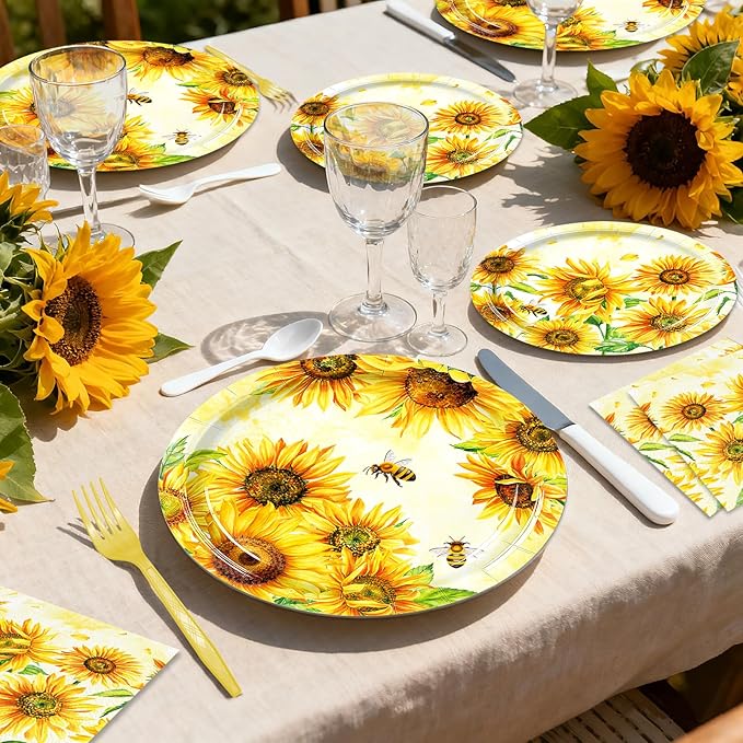 96 Pieces Sunflower Plates and Napkins, Yellow Floral Disposable Tableware with Paper Plates Napkins and Forks for Sunflower Party Supplies, Birthday, Baby Shower, Bridal Shower Decorations, Serves 24