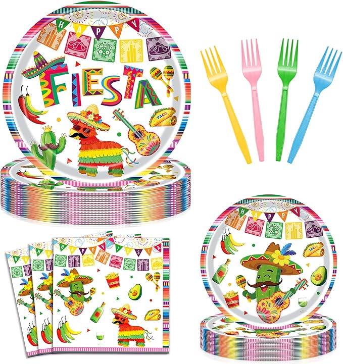 96 Pieces Mexican Fiesta Plates and Napkins, Cinco de Mayo Disposable Tableware with Paper Plates, Napkins, Plastic Forks for Mexican Themed Party, Taco Tuesday, Fiesta Party Supplies, Serves 24