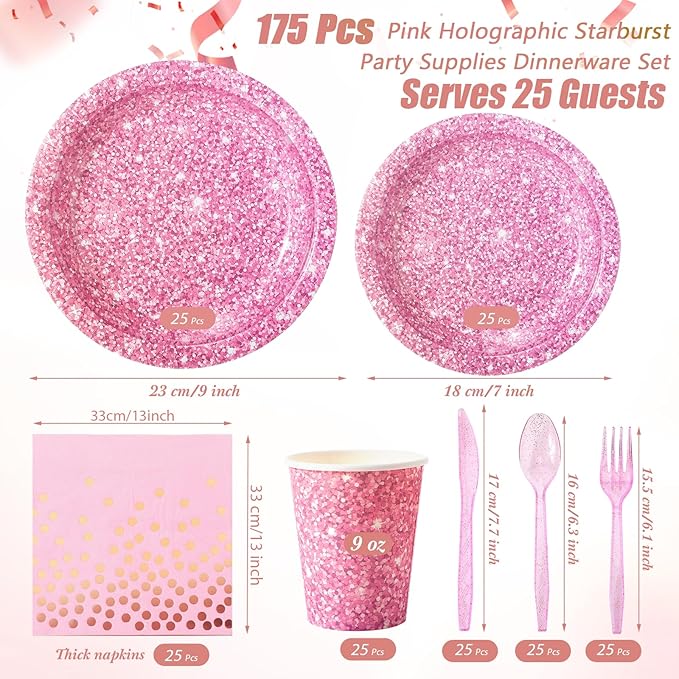 Hushee 175 Pcs Pink Holographic Print Party Supplies Guests Disposable Dinnerware Set Include Paper Plates, Napkins, Cups, Plastic Cutlery for Wedding Birthday Disco Bachelorette