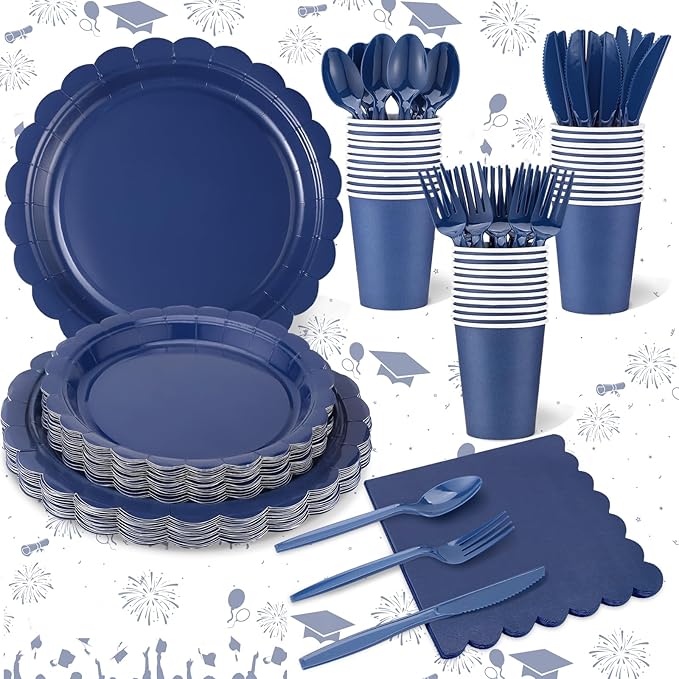 175 Pcs Navy Blue Plates and Napkins, 25 Guest Navy Blue Graduation Party Supplies Includes Scalloped Plates Napkins Cups Plastic Cutlery for 2026 Graduation, Birthday, Wedding, Picnic