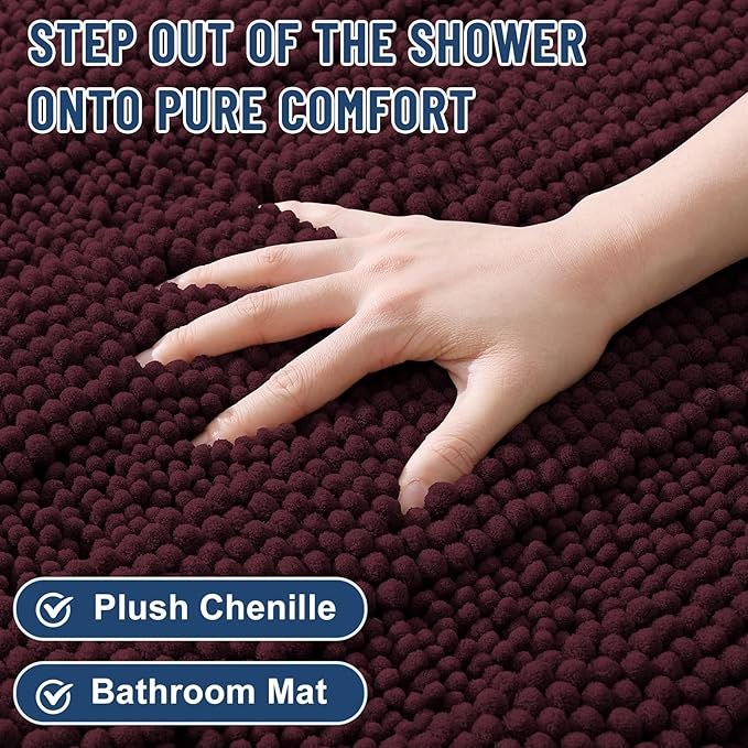 Grandaily Chenille Striped Bathroom Rugs 36x24, Extra Thick and Soft Absorbent Bath Mats, Rubber Backing, Plush Shaggy Shower Carpet, Machine Wash Dry, Bath Rug for Bathroom, Black Cherry