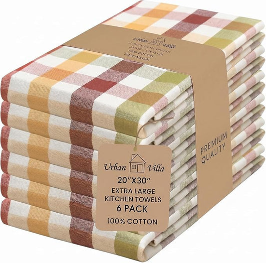 Urban Villa Kitchen Towels 100% Cotton Dish Towels for Kitchen (Set of 6) 20”x30” Dish Cloths Highly Absorbent Kitchen Linen Set with Hanging Loop Perfect for Drying Dishes Cleaning – Harvest Checks