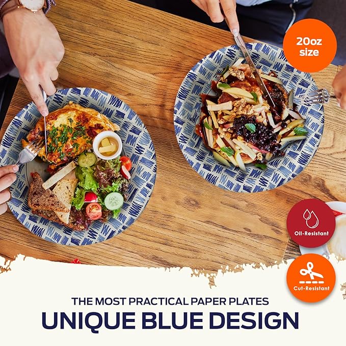 PAMI Blue Paper Bowls 20 Oz Heavy Duty for Soup, Pack of 50 Disposable Microwave Safe Bowls, Oil, Water and Cut Resistant Recyclable Dinnerware