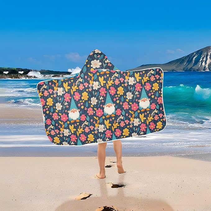 Kids Beach Towels Cartoon Cute Gnome Flowers Black Hooded Beach Bath Towel Lightweight Toddler Towels