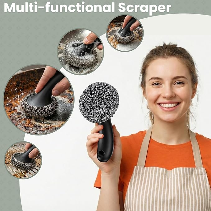 Cast Iron Scrubber with Long Handle | 316 Cast Iron Cleaner Chainmail Scrubber for Cast Iron Pan Skillet Cleaner - Dish Scouring Pad Dishwasher Safe Cleaning Kit (Black, 1 Scrubber + 1 Scraper)