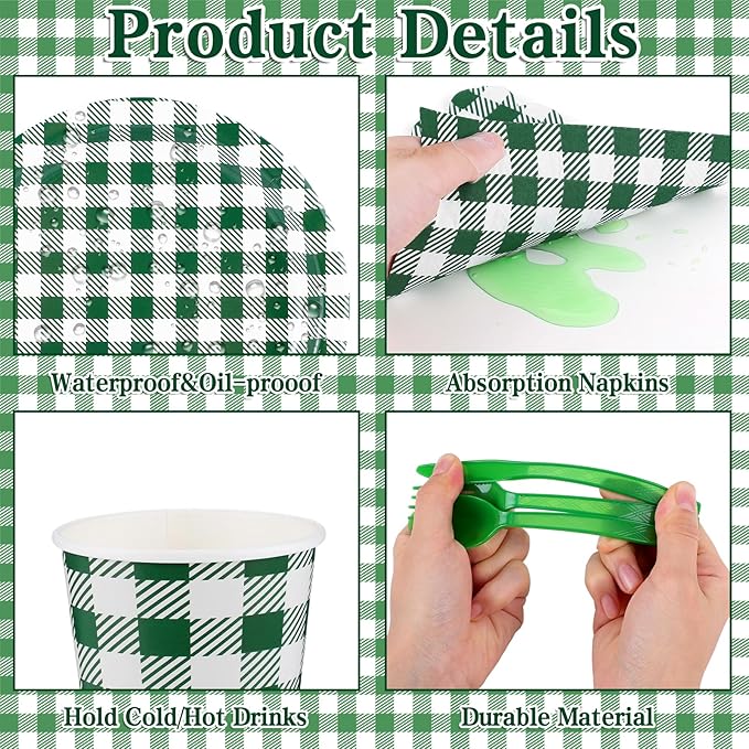 NatNarr 175 Pcs Gingham Party Supplies Include Green Gingham Plates and Napkins Cups Plastic Cutlery Disposable Green Checkered Plates Set for St Patricks Day, Picnic, Baby Shower, Golf Party