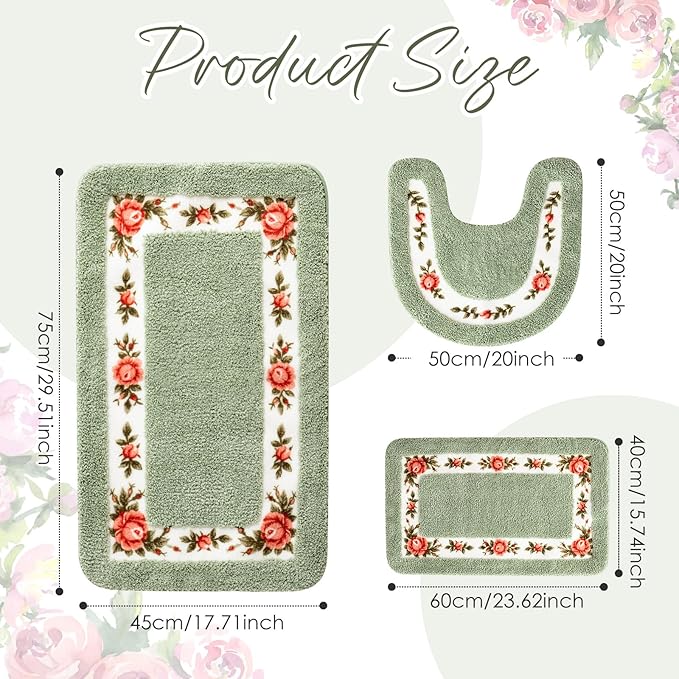 Drydiet 3 Pcs Rose Flowers Bathroom Rugs Set Coquette Room Decor Floral Carpet for Bathroom Bedroom Living Room, Floral Bath Mat Non Skid Romantic Rose Flower Area Rugs 3 Shapes(Green,Small)