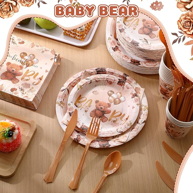 FillTouch 350 Pcs Bear Baby Shower Party Supplies Set Bear Disposable Paper Plates Napkins Cups Knives Forks Spoons for 50 Guests Baby Shower Party Birthday