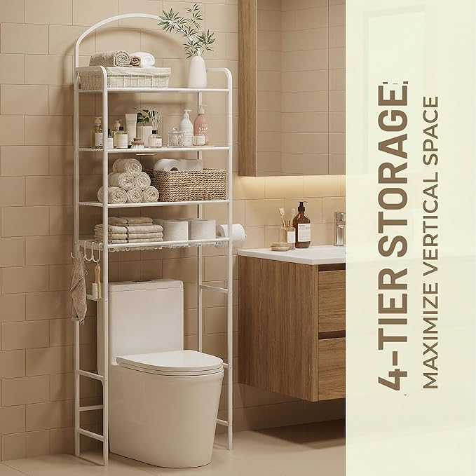 4-Tier Over The Toilet Storage, Bathroom Organizer, Space-Saving, 72" H Above Toilet Storage Rack with 4 Hooks and Paper Holder, Metal Shelf, White