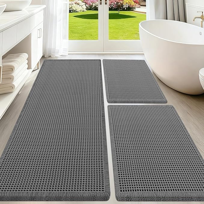 Upgraded Waffle Bath Mat Set 3 Piece Grey, Super Absorbent Non-Slip Quick Dry Bathroom Rugs with Tassels, Machine Washable Ultra Soft Boho Bath Rugs for Floor, Toilet Mats Boho Farmhouse Decor