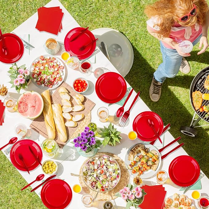228PCS Red Party Supplies Set Include Paper Plates Cups Red Napkins Plastic Spoons Forks Knives for 30 Guests Disposable Party Dinnerware for Birthday Wedding Family Picnic