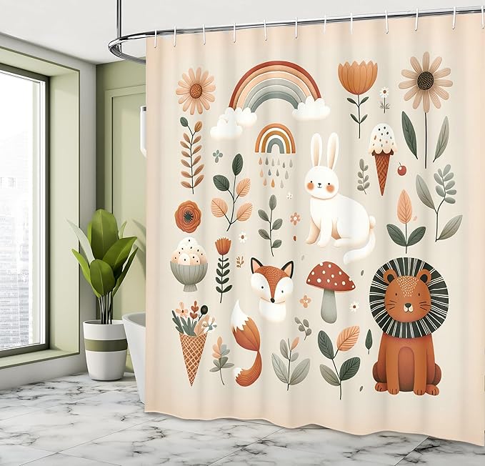 Ambesonne Jungle Shower Curtain, Happy Cartoon Lion Rabbit Fox Characters with Mushroom Rainbow Flowery, Cloth Fabric Bathroom Decor Set with Hooks, 69" W x 70" L, Cinnamon and Eggshell