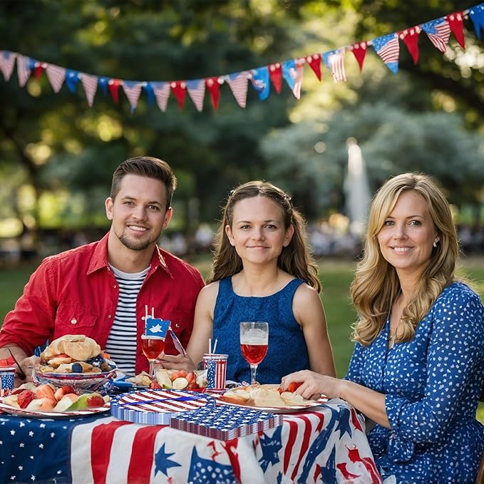 100 Pieces Patriotic 4th of July Tableware Set – American Flag Disposable Plates, Napkins and Forks, Glitter Stars and Stripes Party Supplies for Independence Day and Memorial Day Decorations