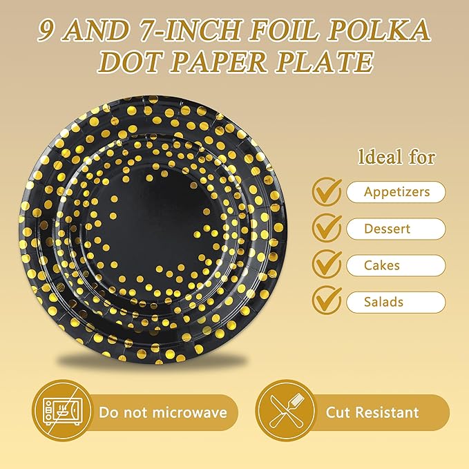 100 Pcs Black and Gold Paper Plates and Napkins Party Supplies,Serves 25 Guests Black Gold Plates and Napkins,Disposable Paper Tableware Set for Birthday Graduation Retirement Decorations