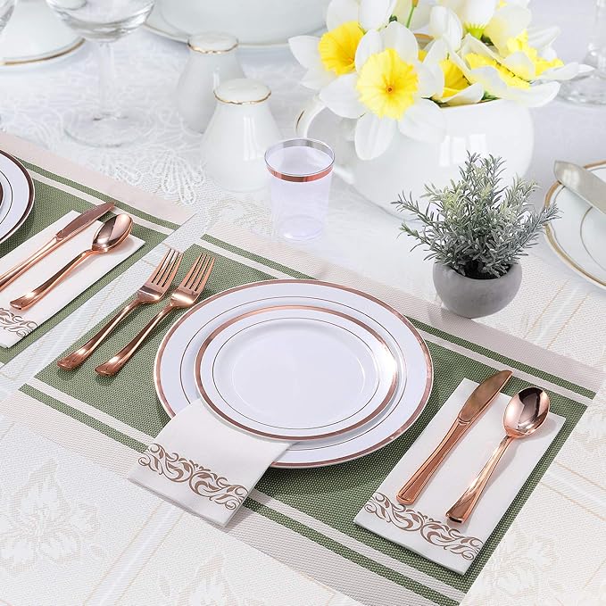 FOCUSLINE 175 Count Rose Gold Dinnerware Set for 25 Guests - Rose Gold Rimmed White Disposable Plastic Plates Heavy Duty, Includes 25 Dinner & Salad Plates, Cups, Cutlery Set for Wedding Parties