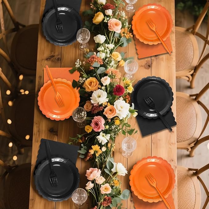 Black Paper Plates and Napkins,7 Inch Black Scalloped Disposable Dessert Plates Paper Napkin Fork Party Supplies for Wedding Baby Shower Birthday(25 Guest)