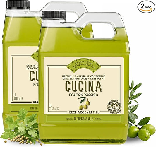 Cucina Dish Detergent Refill, Coriander and Olive Tree Scent, Concentrated Formula, Biodegradable, 33.8 fl oz (1 L) Bottles, 2 Pack, Fruits & Passion