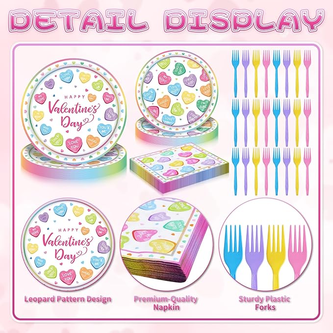 100 Pieces Valentine’s Day Party Tableware Set – Candy Heart Plates, Napkins and Forks, Love Heart Disposable Dinnerware for Valentine Classroom Party and Birthday Supplies