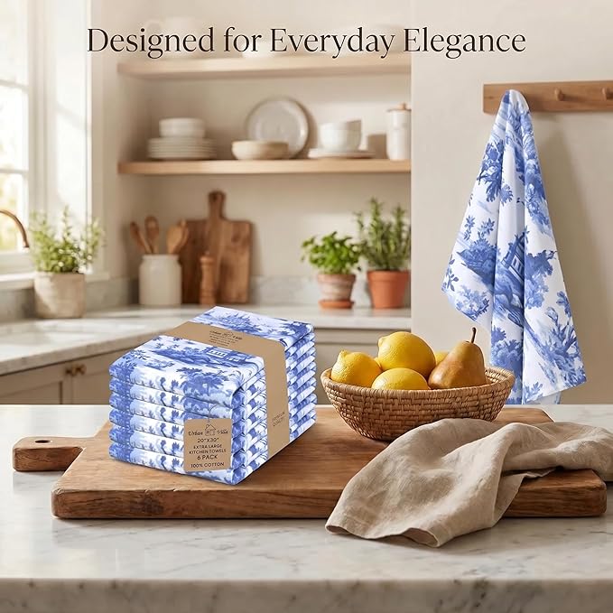 Urban Villa Kitchen Towels Set of 6 French Toile Kitchen Towels 20X30 Inches 100% Cotton Highly Absorbent Kitchen Towels Premium Quality Ultra Soft Mitered Corners KitchenTowels