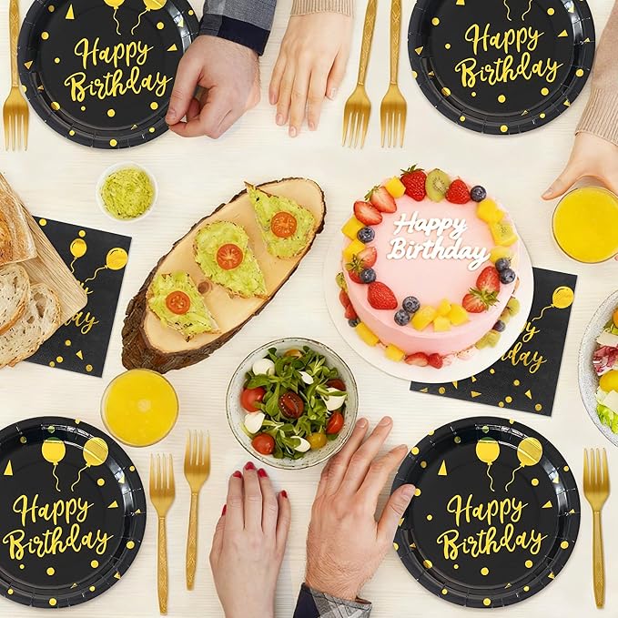 75 Pcs Happy Birthday Paper Plates,Serves 25 Guests Black Gold Plates and Napkins with Gold Forks,Disposable Paper Tableware Set for Birthday Party Decorations