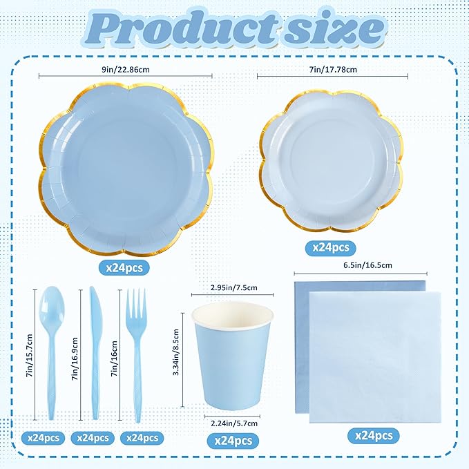 168Pcs Blue Paper Plates and Napkins Party Supplies, Scalloped Party Plates Cups Napkins Set, Light Blue Disposable Plates with Gold Rim for Graduation Party Birthday Baby Shower Gender Reveal Picnic