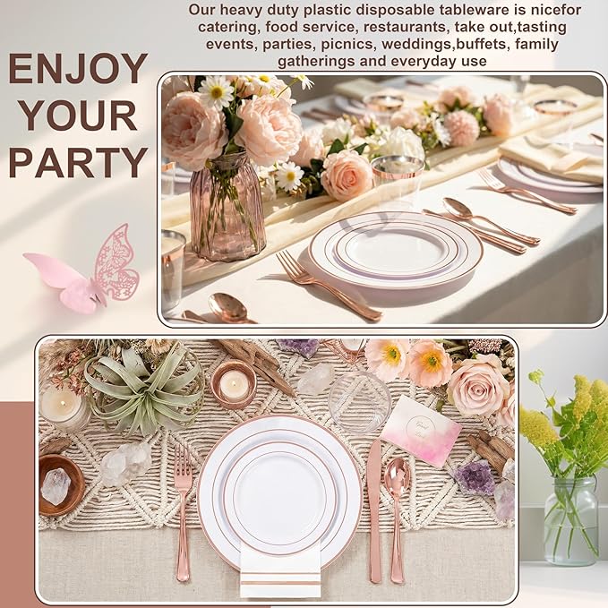 GATHER 350PCS Rose Gold Plastic Plates - Disposable Rose Gold Dinnerware Sets Includes 100 Gold Rimmed Plastic Plates, 150 Silverware, 50 Napkins, 50 Cups for Party, Wedding