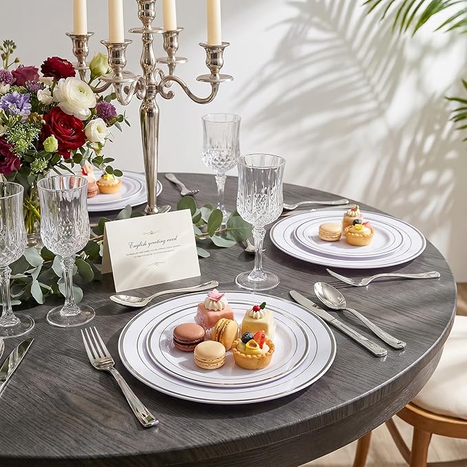 I00000 102pcs Silver Plastic Plates, Disposable Plastic Party Plates with White Silver Rim Fancy Wedding Party Plates Include 51 Dinner Plates 10.25" and 51 Dessert Appetizer Plates 7.5"