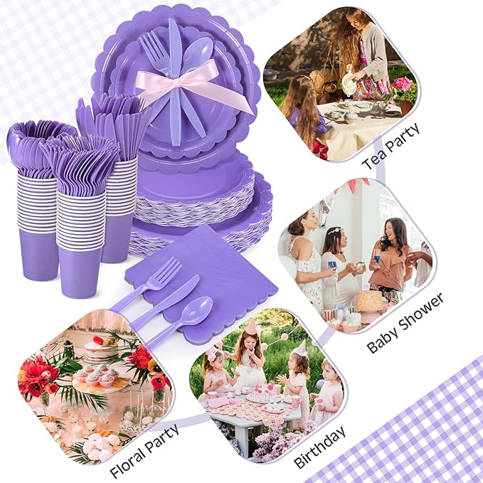 Ziliny 350 Pcs Purple Plates and Napkins, 50 Guest Lavender Party Supplies Include Scalloped Paper Plates Napkins Cups Plastic Spoons Forks Knives Disposable Tableware Set for Baby Shower