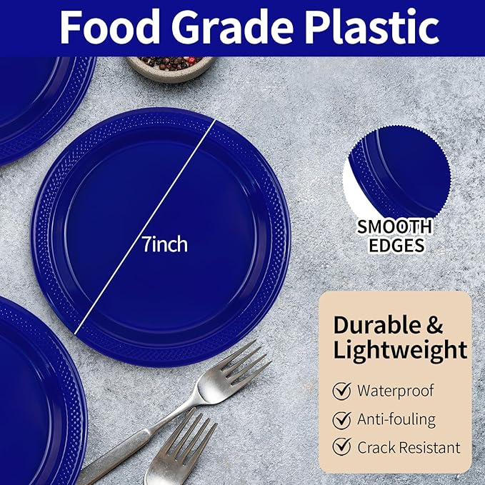 50PCS Dark Blue Plastic Plates, 7 Inch Disposable Dessert Plates Solid Color Party Plates for Picnic Parties Birthday Wedding Party Supplies (Dark Blue, 7 Inch)