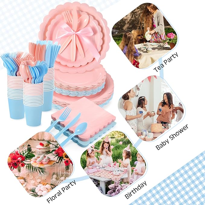 Ziliny 350 Pcs Pink Blue Plates and Napkins, 50 Guest Spring Party Supplies Include Scalloped Paper Plates Napkins Cups Plastic Spoons Forks Knives Disposable Tableware Set for Baby Shower