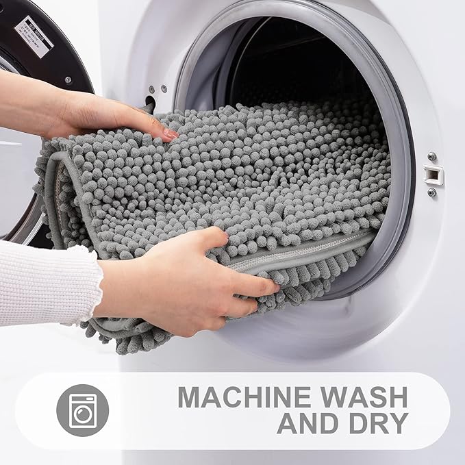 Grandaily Chenille Striped Bathroom Rugs 30x20, Extra Thick and Absorbent Bath Mats, Non-Slip Soft Plush Shaggy Shower Carpet, Machine Wash Dry, Bath Rug for Bathroom, (Medium, Dark Gray)