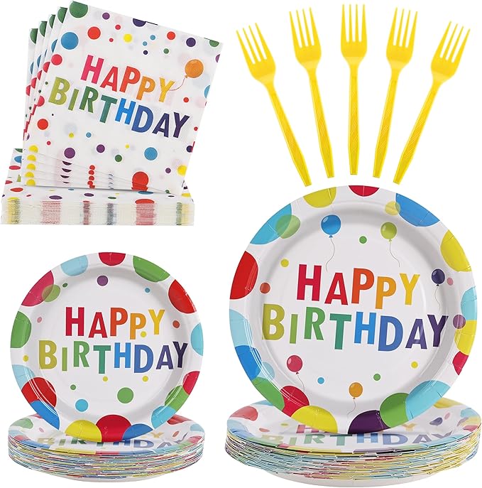 100 Pcs Birthday Party Supplies for 25 Guests, Heavy-Duty 7" & 9" Paper Plates, 2-Ply 13" Napkins & Plastic Forks, Disposable Rainbow Confetti "Happy Birthday" Tableware Set