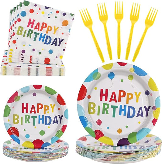 100 Pcs Birthday Party Supplies for 25 Guests, Heavy-Duty 7" & 9" Paper Plates, 2-Ply 13" Napkins & Plastic Forks, Disposable Rainbow Confetti "Happy Birthday" Tableware Set