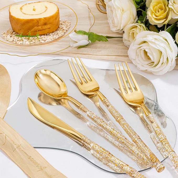 Liacere 150PCS Clear Gold Plastic Plates - Disposable Plastic Silverware with Glitter Bamboo Handle Cutlery-Baroque Clear Gold Disposable Plates for Wedding & Party & Mother's Day