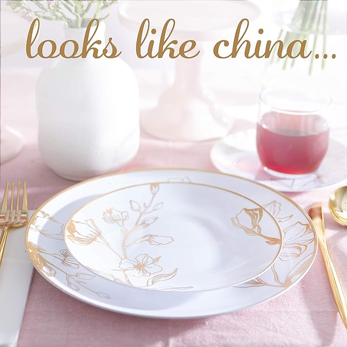 PLASTICPRO 80 Piece Combo Plates Set includes 40-7'' inch Plates & 40-10'' inch Plate White Plastic Floral Design Party Plates With Gold Rim, Premium heavyweight Elegant, Tableware,