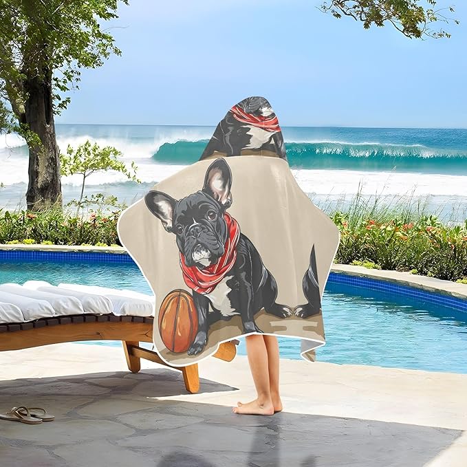 Hooded Towel for Kids Bulldog and Basketball Beach Wrap Bath Towels 50x23.5in