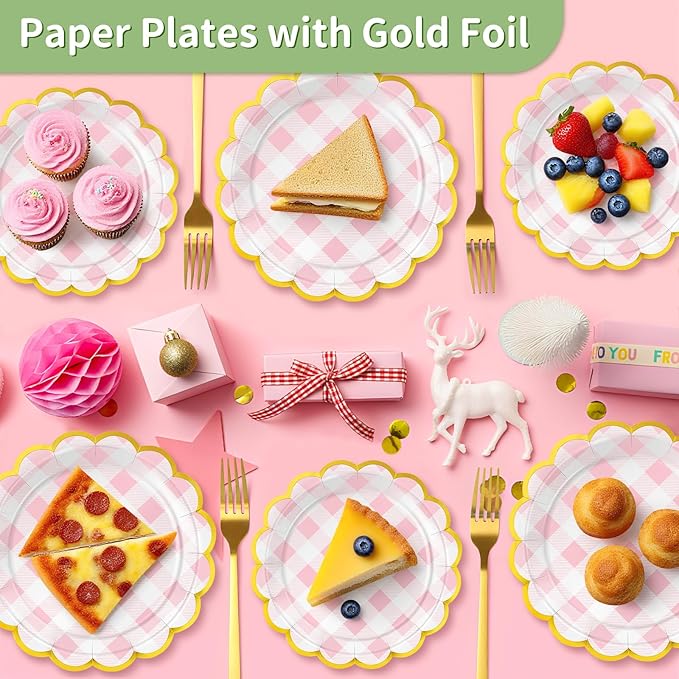 50 Pcs Pink and White Checkered Paper Plates, 25 Pcs 9" and 25 Pcs 7" Disposable Pink Gingham Scalloped Plates with Gold Foil for Graduation Wedding Baby Shower Birthday Party Picnic BBQ