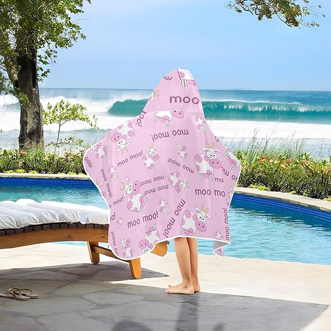 susiyo Kids Hooded Bath Towel Cow Cartoon Pink Beach Towel for Kids 23.5 x 50 Inch Microfiber Soft Absorbent Quick Dry Bath Swim Pool Towel Wrap Poncho Bathrobe with Hood for Kids Toddler