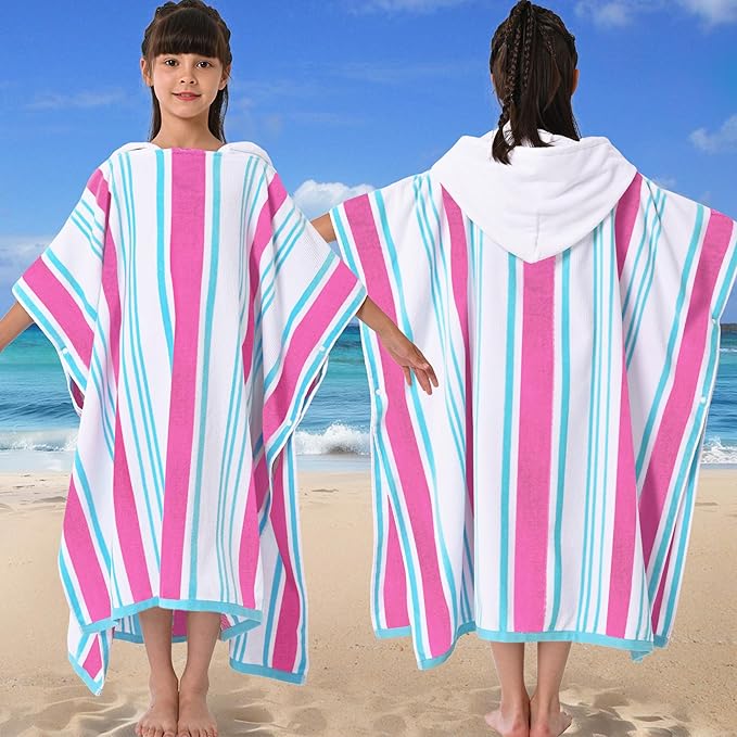 VOOVA & MOVAS Hooded Bath Towels for Big Kids (8-16Years), 100% Cotton Absorbent Thick Poncho Towel for Teens, Perfect for Pool, Beach, Bath, Pink Blue White Stripe