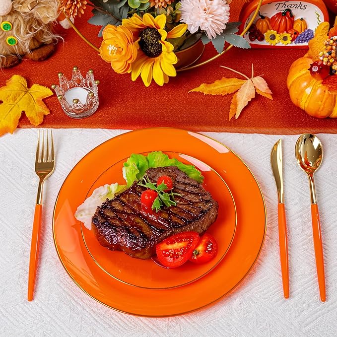 DaYammi 150Pcs Orange Plastic Plates & Gold Cutlery Set - Orange Disposable Plates with Gold Rim Includes 30 Dinner Plate,30 Dessert Plate,30 Knives,30 Forks,30 Spoons Perfect for Party Wedding