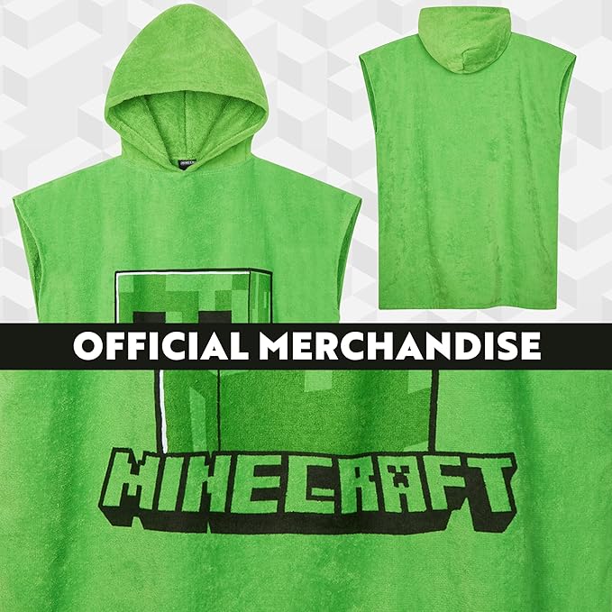 Minecraft Towelling Poncho Kids Teens Hooded Bath Towels Absorbent Beach Towel (Green, 10-13 Years)