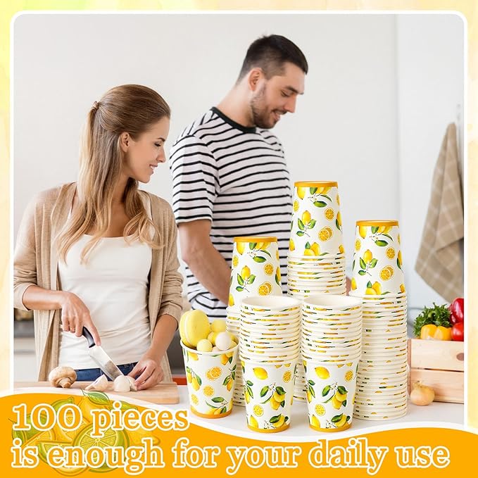 Umigy 100 Pcs Lemonade Paper Cups Disposable Lemonade Stand Cups Bathroom Mouthwash Drinking Disposable Mugs for Summer Party Picnics Barbecues Traveling Hot Cold Beverage Water Juice (12 oz)