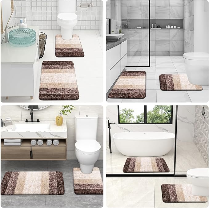 OLANLY Bathroom Rugs Sets 3 Piece, Soft Absorbent Microfiber Bath Mats and U-Shaped Contour Toilet Rug, Plush Shaggy Bath Mat Set for Bathroom (47"x20"+24"x16"+24"x20", Brown)