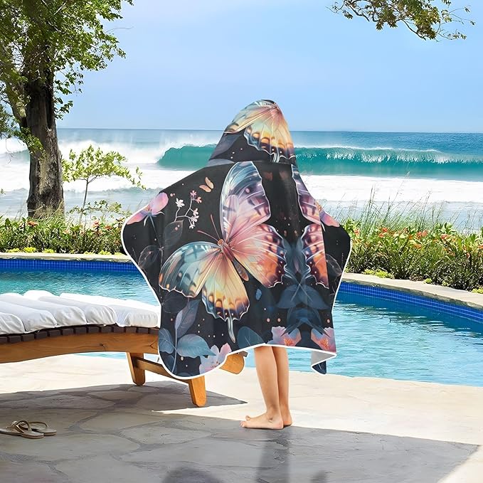 Hooded Towel for Kids Colored Butterfly Surrounded by Floating Spring Leaves Beach Wrap Bath Towels 50x23.5in