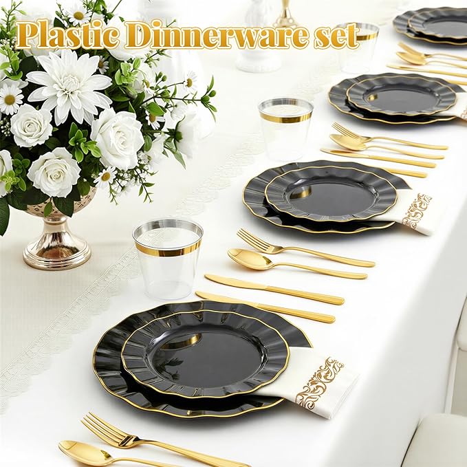 175 Plastic Dinnerware Set Party Supplies Disposable Dinnerware for 25 Guests Include 50 Plastic Plates,25 Silverware Set 25 Cups 25 Napkins Plastic Plates for Graduation Party Wedding（Black and Gold）