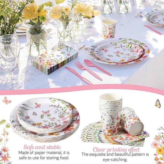 Sinmoe 400 Pcs Spring Plates and Napkins Set Paper Flower Dinnerware Disposable Party Supplies for 50 Guest Dinnerware Knife Fork Spoon for Spring Birthday Party (Pink,Floral)