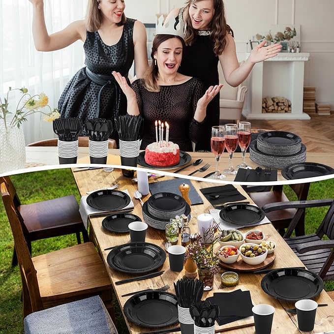 Kochorie 350 Pieces Black Dinnerware Set, 7 & 9 inch Dessert Paper Plates Cups Napkins Plastic Cutlery Disposable Party Supplies for Birthday Baby Shower Wedding, Serve 50 Guests