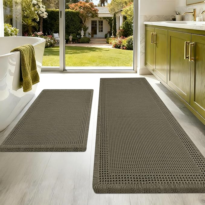 Upgraded Waffle Bath Mat Set 2 Piece Greyish Green-Bordered, Super Absorbent Non-Slip Quick Dry Bathroom Rugs with Tassels, Machine Washable Ultra Soft Boho Bath Rugs, Toilet Mats Boho Farmhouse Decor