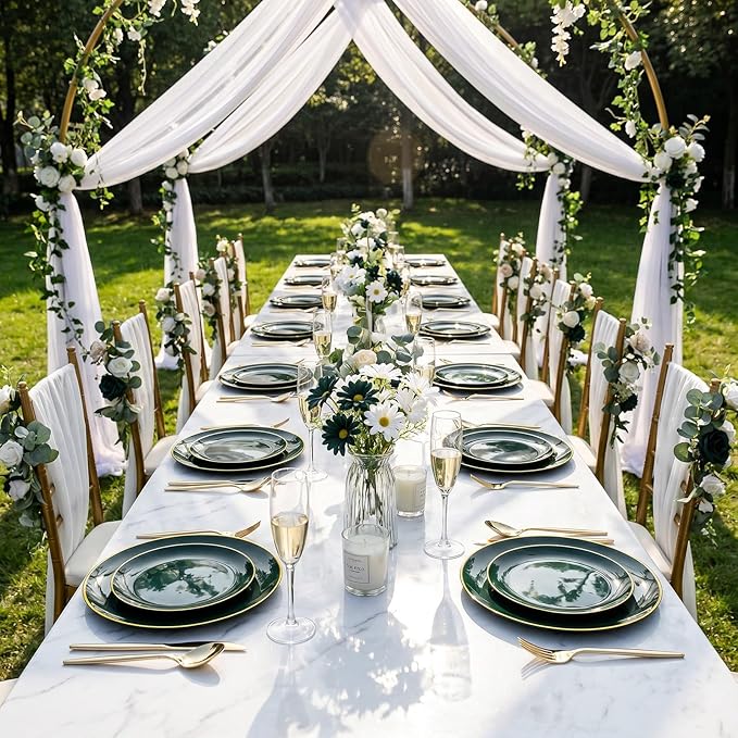 I00000 150Pcs Green Plastic Plates with Gold Rim, Fancy Disposable Plates,Green Plates Set include 30 Dinner Plate,30 Dessert Plate, 90 Plastic Silverware Set for Wedding&Party
