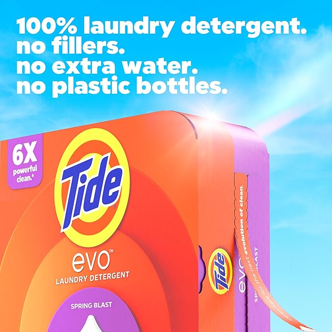 Tide evo Spring Blast Scent Laundry Detergent Fiber Tiles Works on 100% of Common Stains Safe for All Machines and Water Conditions Concentrated HE Compatible Clean and Instant Dissolve, 16 Count
